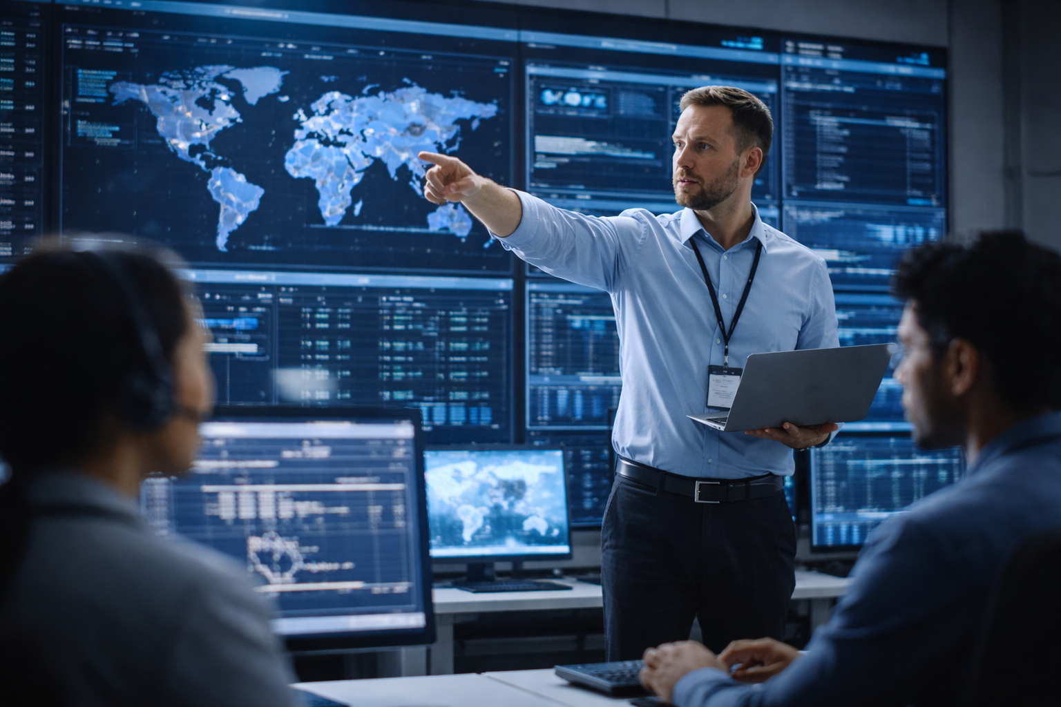 Security operations center professional directing a team in front of a SOC screen wall